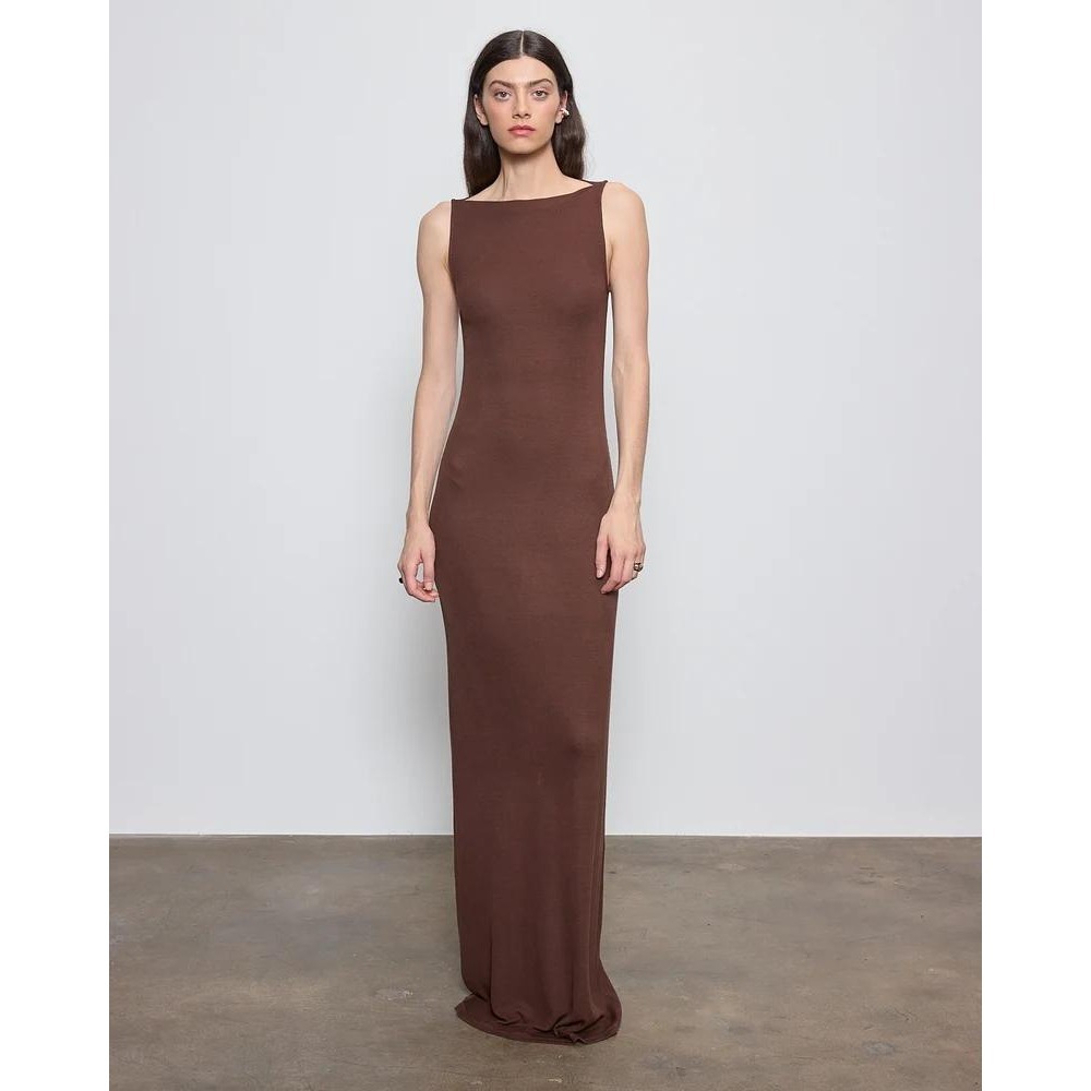 ENZA COSTA Silk Rib Sleeveless Boatneck Fluid Maxi Dress Women Large Brown NEW